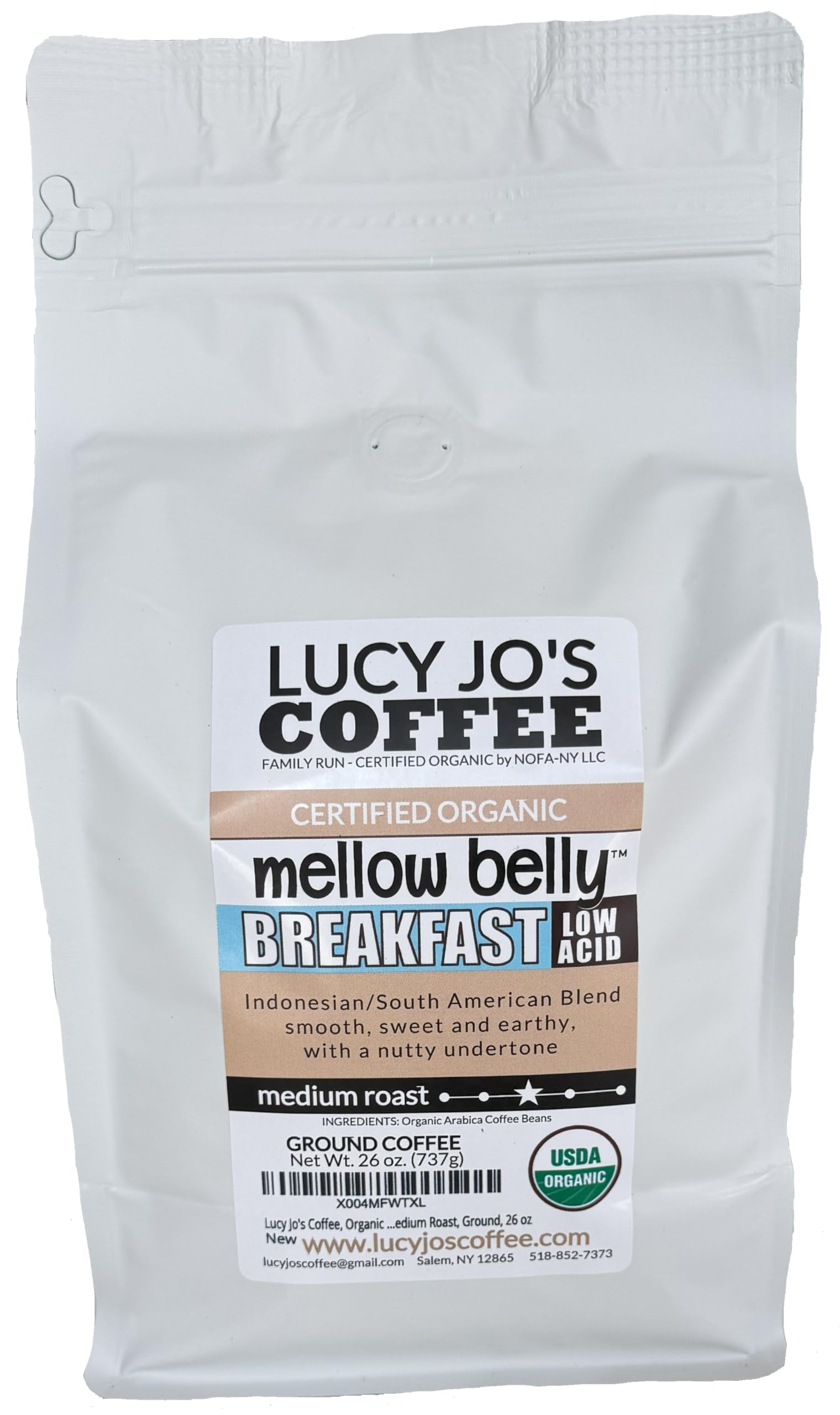 Lucy Jo's Coffee, Organic Mellow Belly Breakfast Low Acid Blend, Medium Roast, Ground, 11 oz (26 oz, Smooth, sweet and earthy, with a nutty undertone)