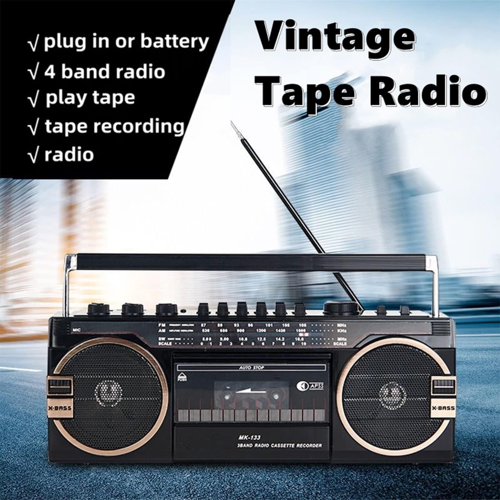 Boombox - Reproductor de CD portátil, grabadora de casete retro con Bluetooth y radio AM/FM, altavoz clásico de los años 80 para viajes y reuniones familiares