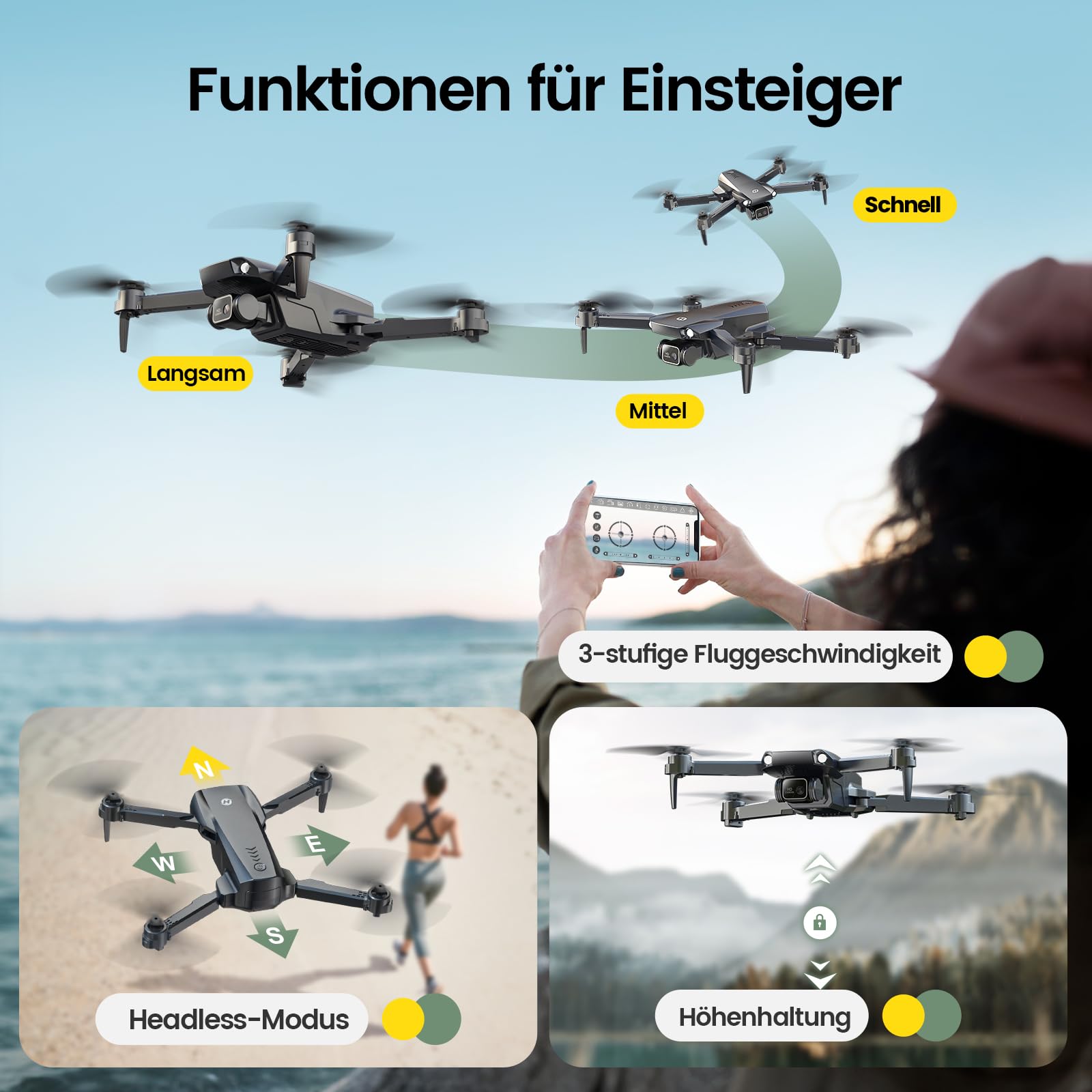Holy Stone HS290 Drohne mit Kamera 1080P für Kinder & Anfänger | Optischer Fluss, Gesten Selfie, Tap Fly, Kriesflug, 3 Geschwindigkeitsstufen, 2 Akkus, Faltbares Design