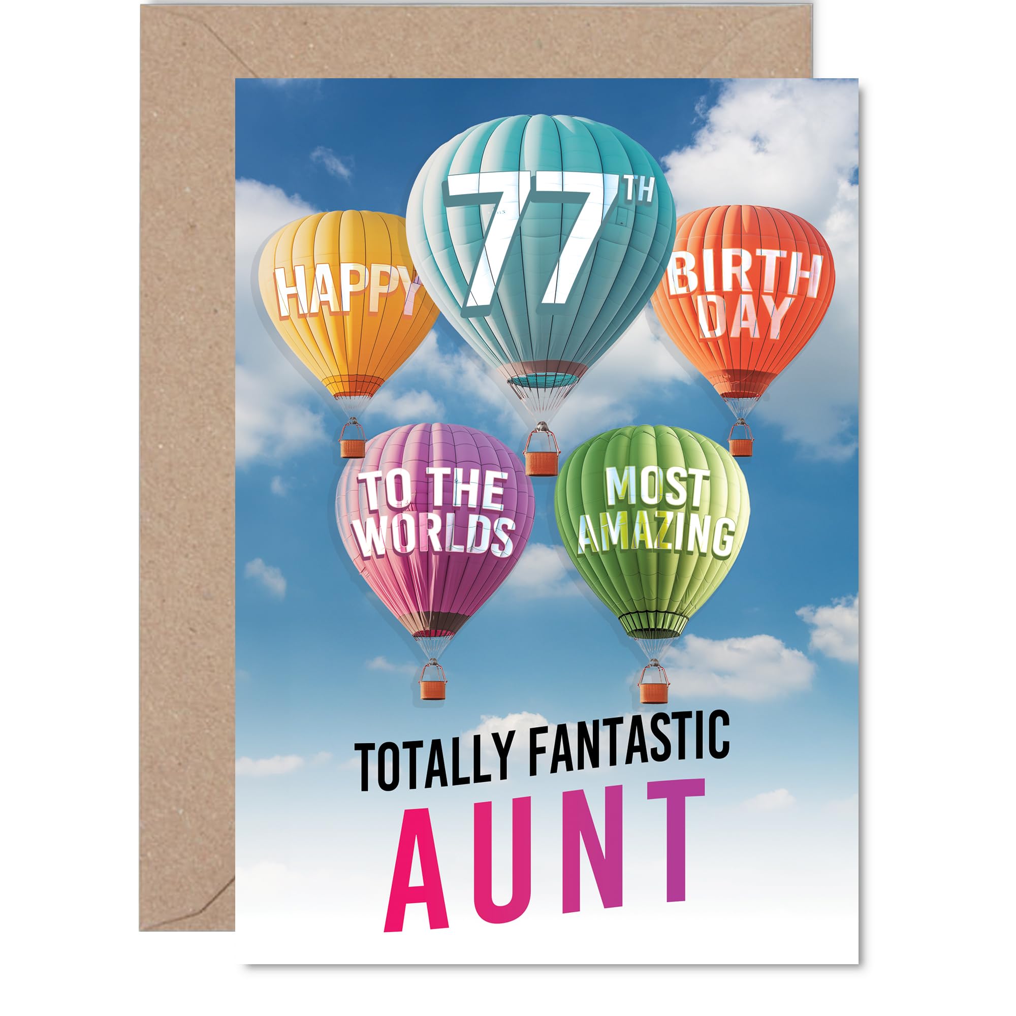 Auntie 77th Birthday Card - Most Amazing Hot Air Balloon - Happy Birthday Card for 77 Year Old Auntie from Nephew Niece, A5 Balloons Stars Bday Greeting Cards