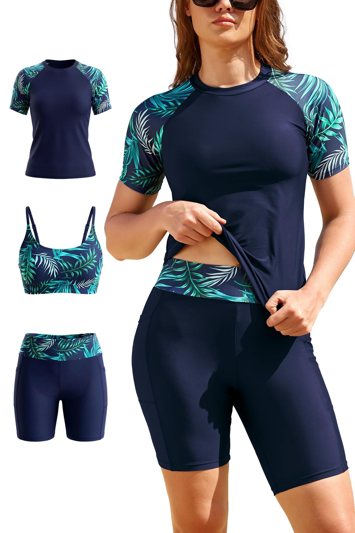 SHEKINI Costume da bagno da donna a maniche corte Rash Guard a vita alta, 3 pezzi
