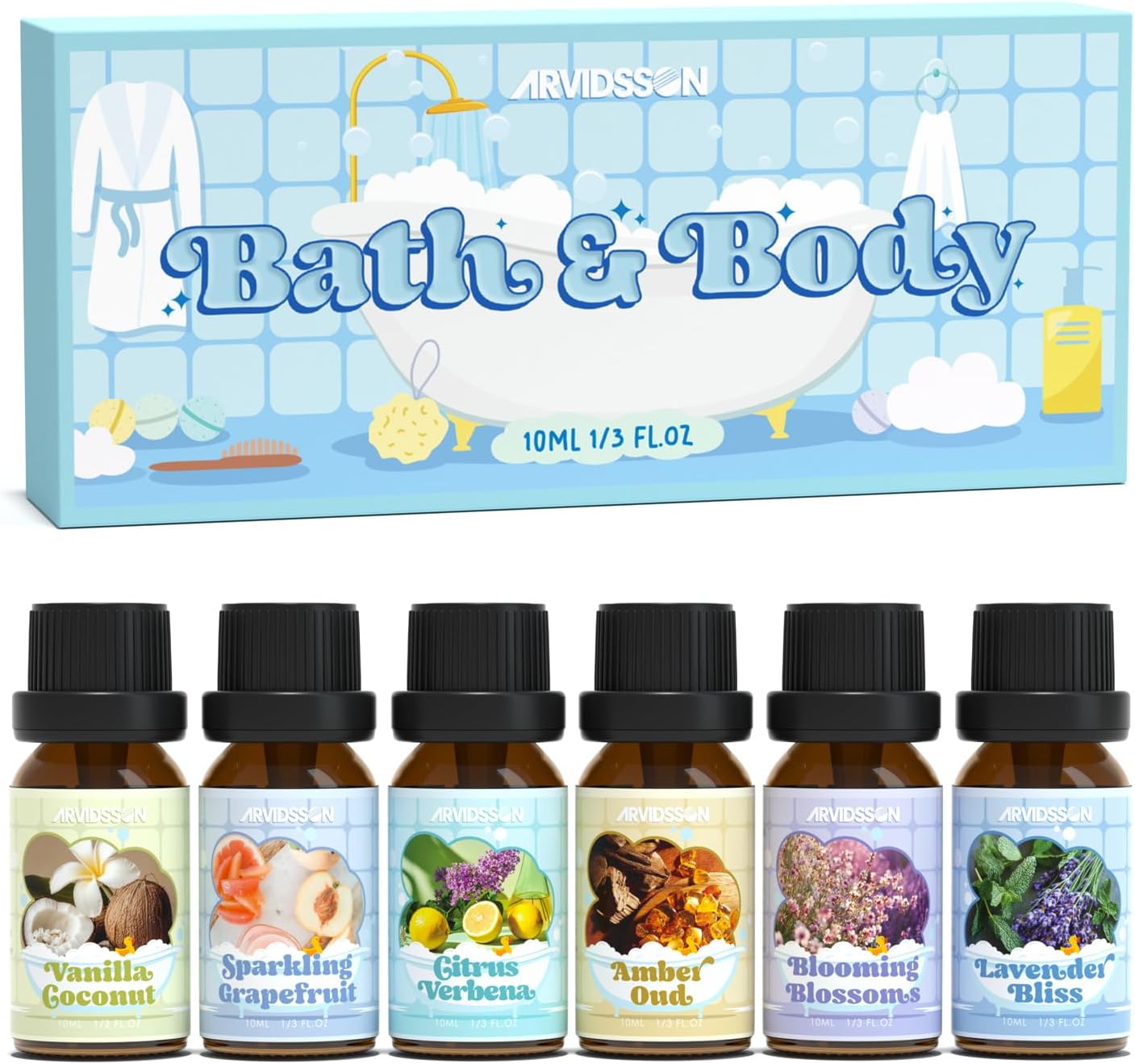 ARVIDSSON Bath Fragrance Oils Set: 6 Natural Spa Essential Oils for Diffusers, Candles, Soap Making - Vanilla Coconut, Lavender Bliss, Grapefruit & More