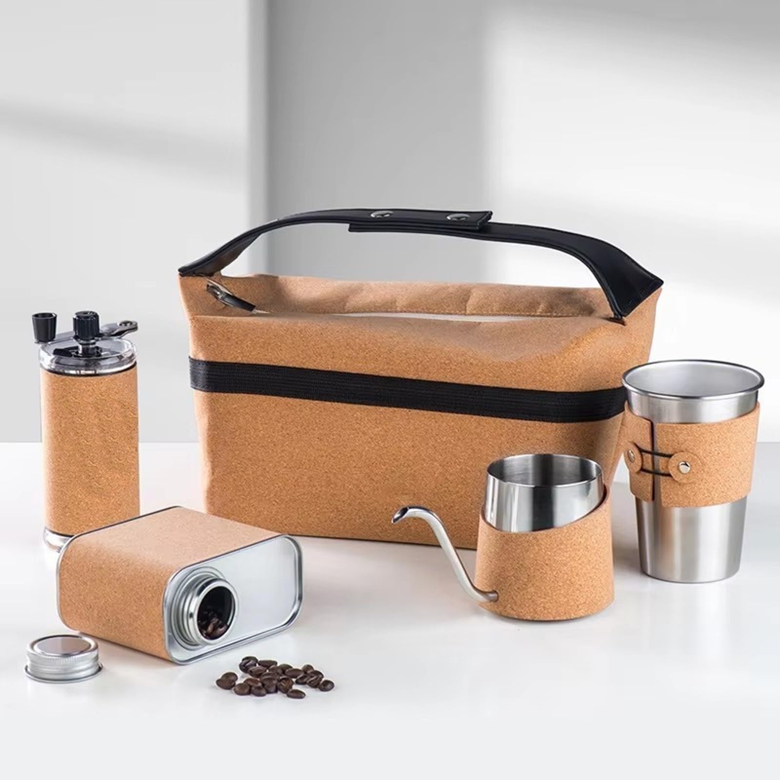 Qianly Kit Café con Bolsa Compacta, Resisn Al térmico, Set Café con Estuche Corcho, para Viajes