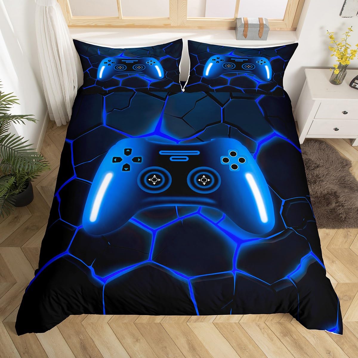 Homewish Boys Blue Gaming Single Bedding Kids Gamer Duvet Cover Set Game Room Decor