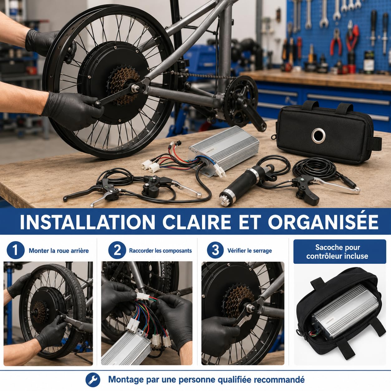 Kit de conversion pour vélo électrique 1500 W, kit de vélo électrique 20 pouces avec contrôleur, écran LCD et poignée, kit de conversion pour roue arrière de vélo électrique 520 tr/min