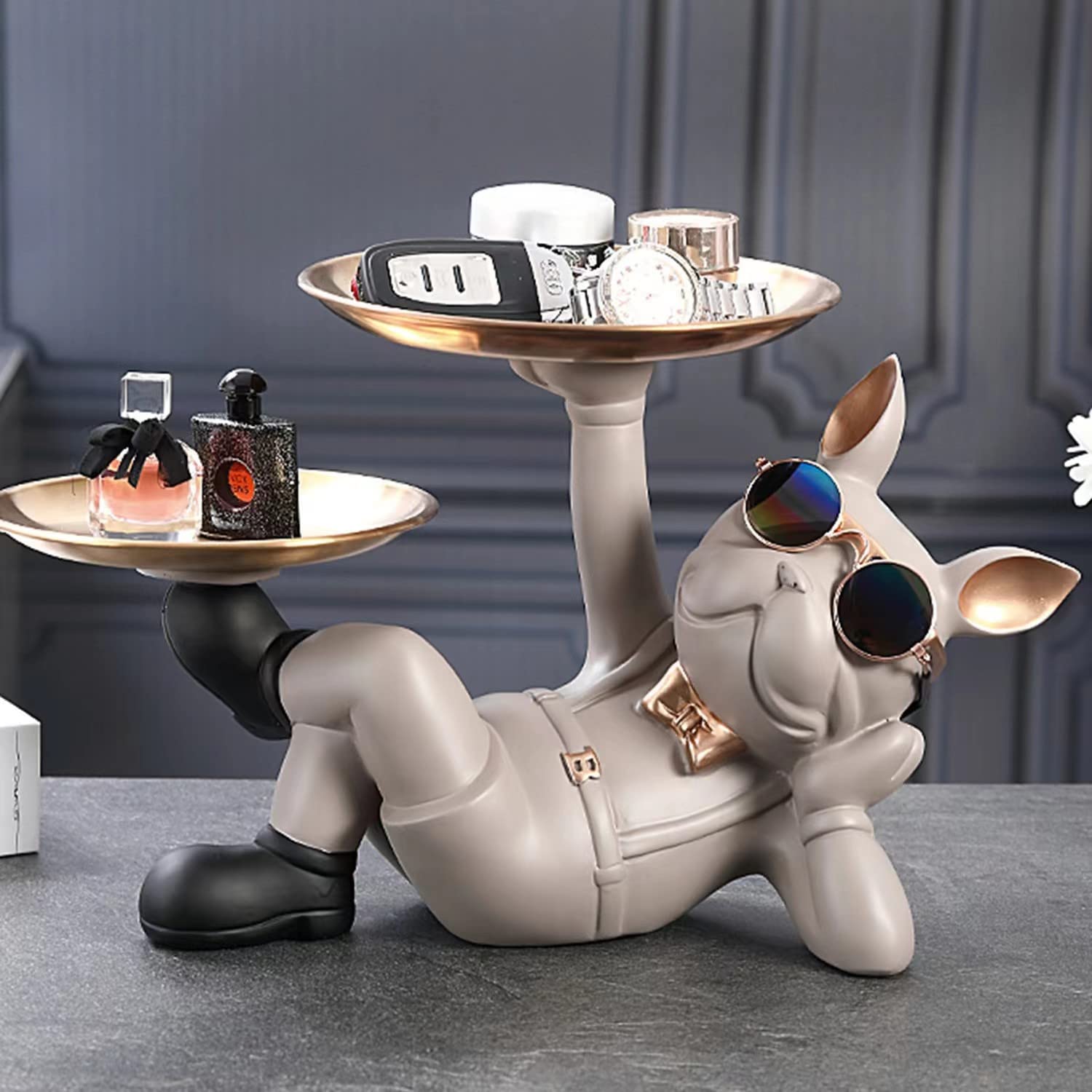 Statue Bulldog Français Avec Plateau - Décoration Résine Entrée, Couloir, Vide-Poche Noir