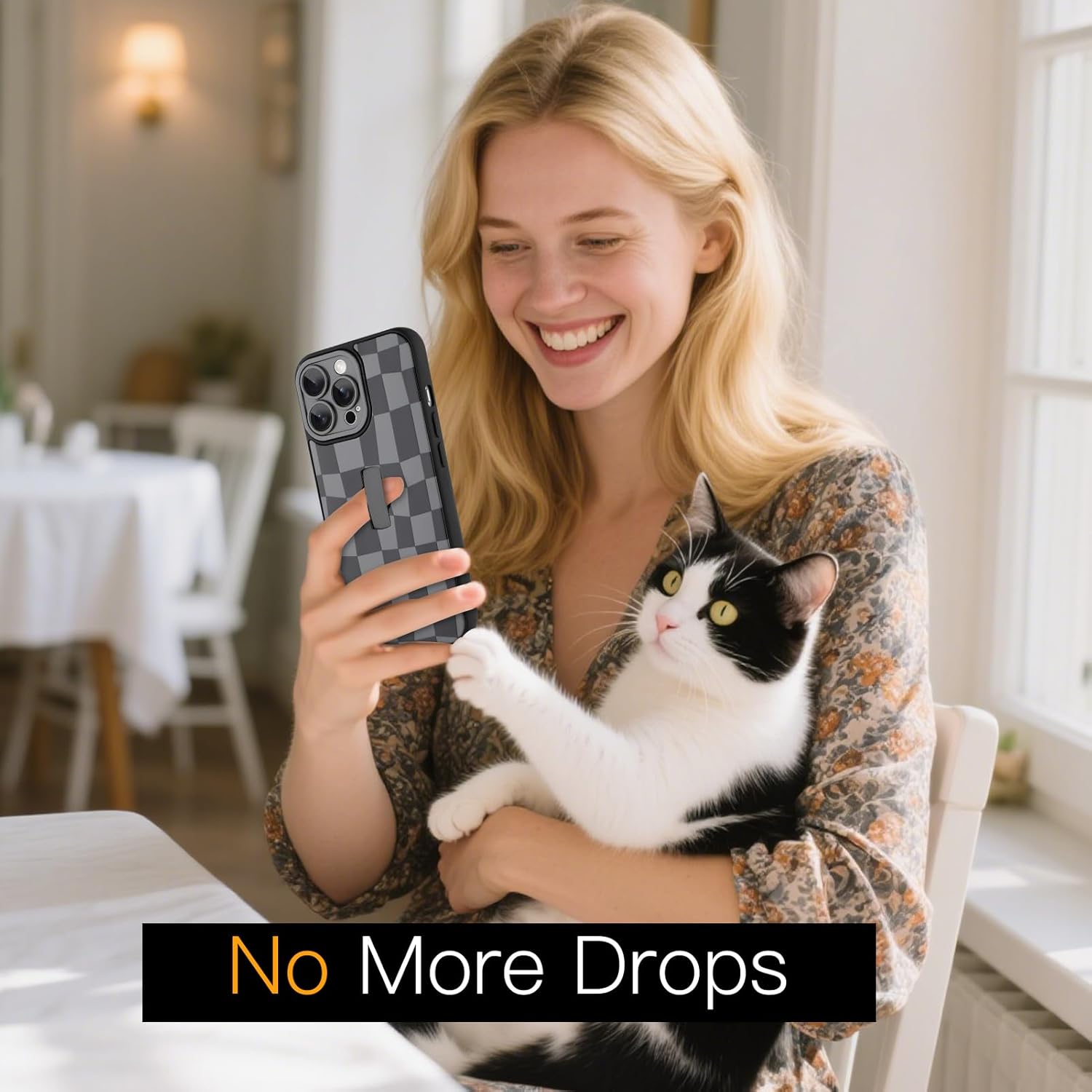 SOKAD for iPhone 14 Pro Case with Finger Strap Kickstand, Cute Checkered Checkerboard Phone Case with Finger Hand for Women Men, Slim Full Camera Protection Shockproof Case Cover, Black - Image 6