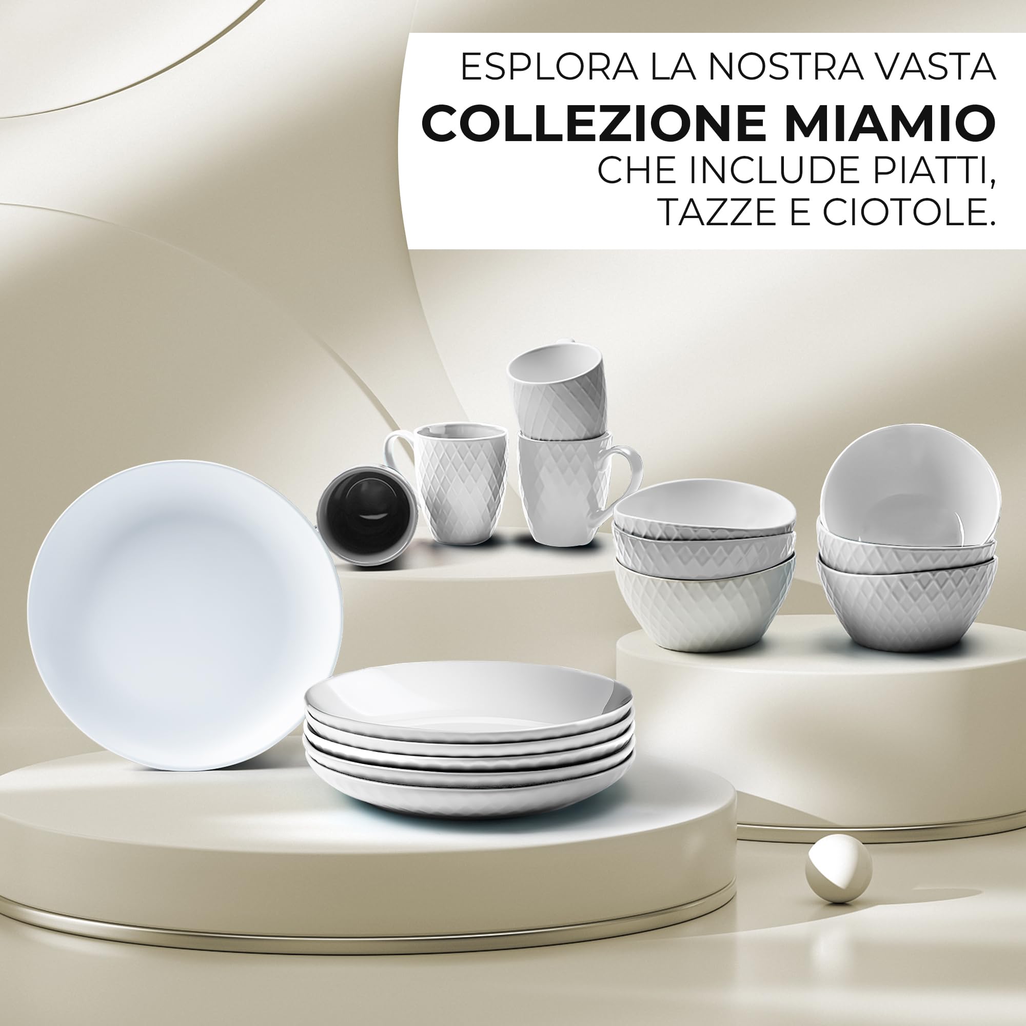 MIAMIO - Set di 6 piatti/Set di piatti moderni in ceramica/gres - Collezione Palmanova (26 cm, Blanco)