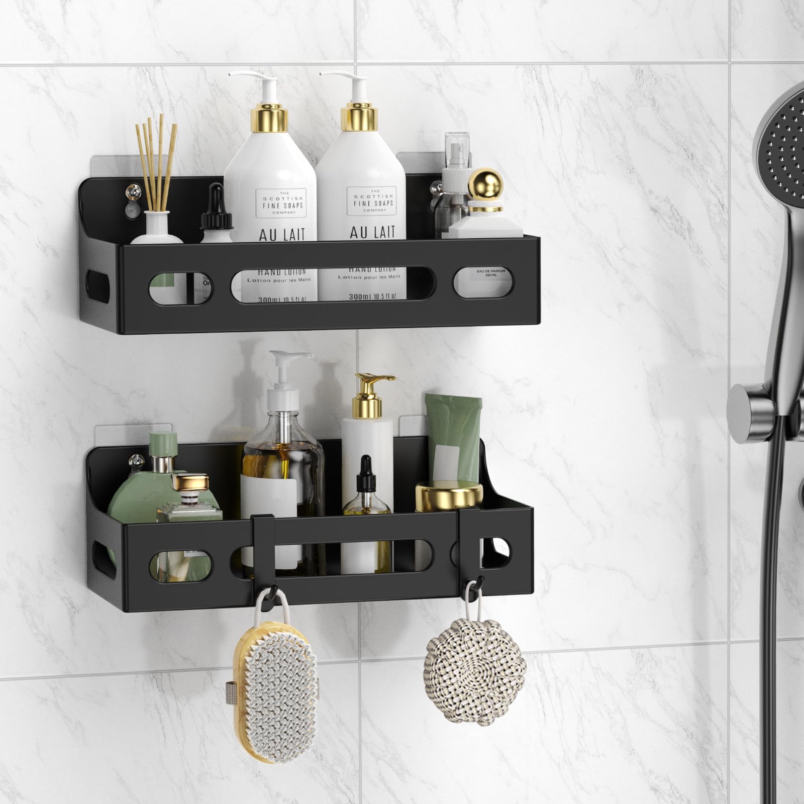 WQYWJOY Shower Caddy Adhesive No Drill Bathroom shower Organizers with Removable Hooks Rust Proof Shower Shelves Home Farmhouse