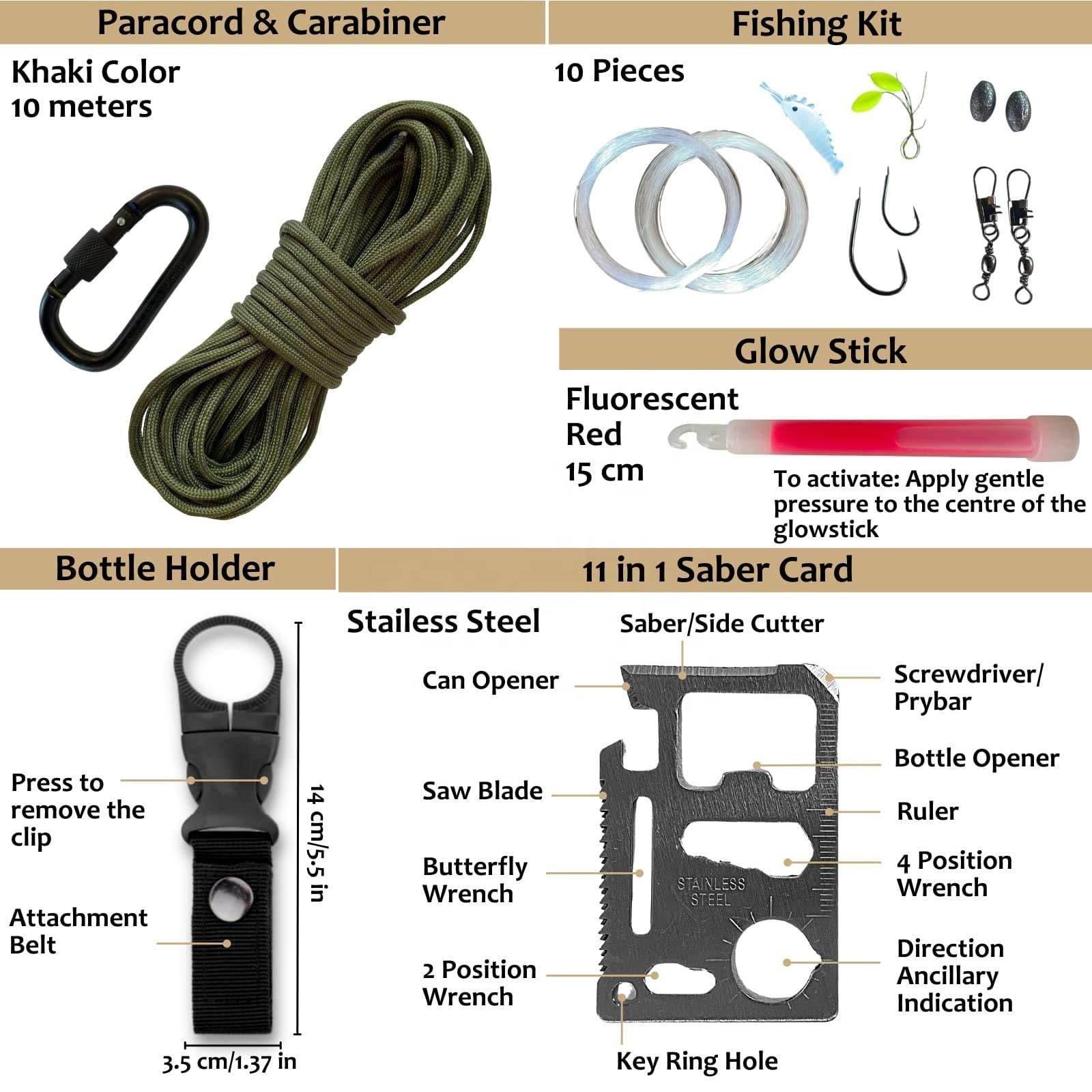 Survival Pro Outdoor Notfallausrüstung Set, Taktischer Rucksack mit Erste-Hilfe-Kit, Paracord, Angelset, Multitool-Karte, Faltbare Schaufel, Khaki, 262-teilig