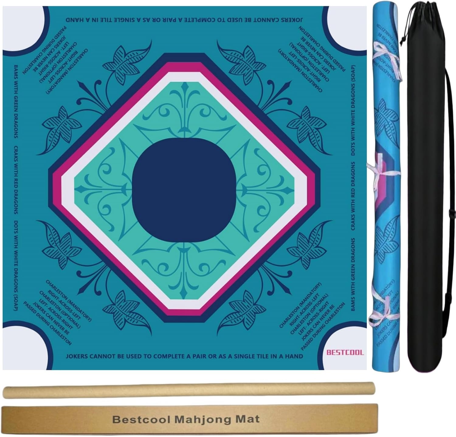 bestcool Neoprene Mahjong Mat with Rules for Table, Odorless, Free of PAHs, No Creases American Mahjong Mat with Instructions, Anti-Slip, Noise Reduction Mahjong Gift