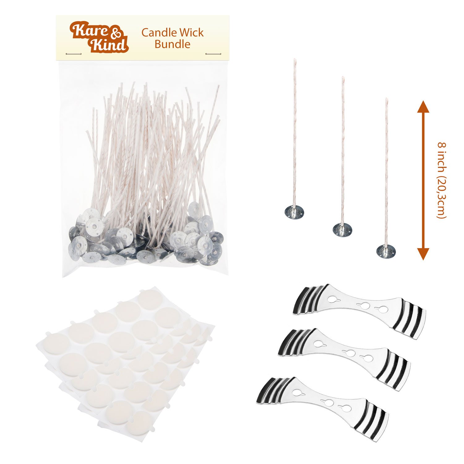 Kare & Kind Candle Wick Bundle: 50 Candle Wicks, 50 Candle Wick Stickers And 3 Candle Wick Holders - Wicks Coated With Natural Soy Wax, Cotton Threads Woven With Paper - Candle Making Kit