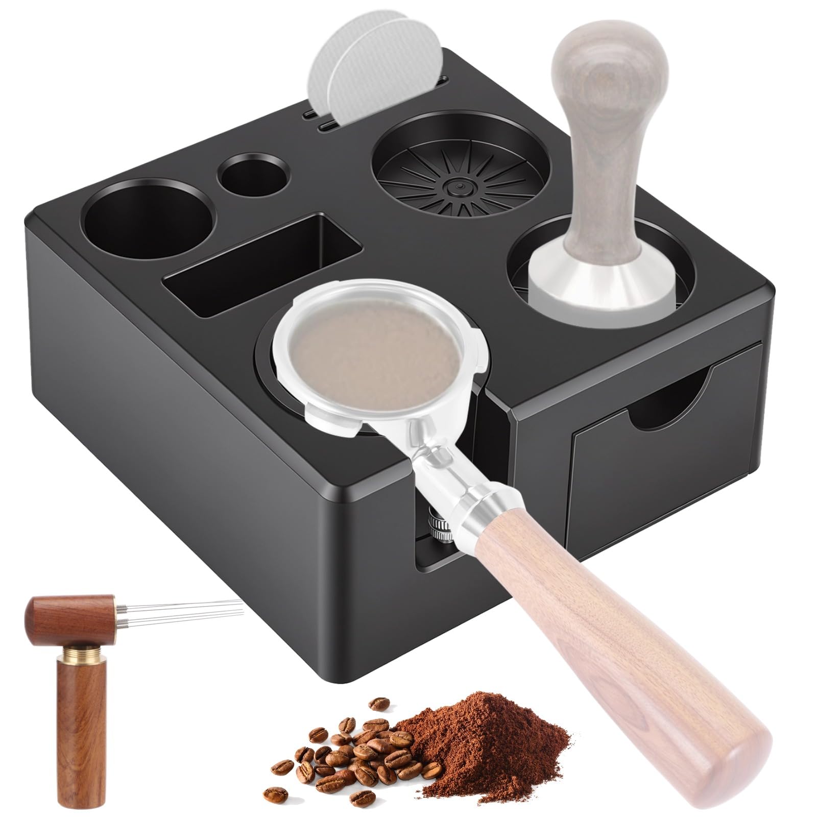 Coffee Tamping Station with 6 Pin WDT Tool, ABS Espresso Organizer with Hidden Drawer, 51/54/58 mm Portafilter Stand with Adjustable Height for Home Barista Countertop