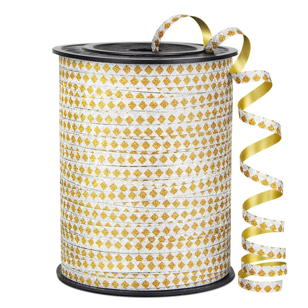 Square Pattern Glitter Curling Ribbon, 1/5" Wide x 500 Yards Christmas Curling Ribbons for Gift Wrapping, Party Decoration, Balloon String, Crafting, Balloon Ribbons for Florist Flower (1 Roll)