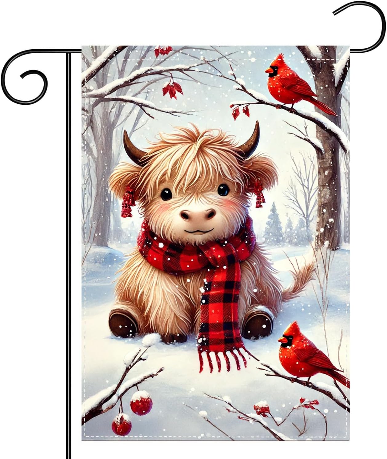 Highland Cow Garden Flag 12x18 Inch Winter Double Sided Flag with Red Cardinal and Snow Scene, Outdoor Farmhouse Holiday Yard Decor
