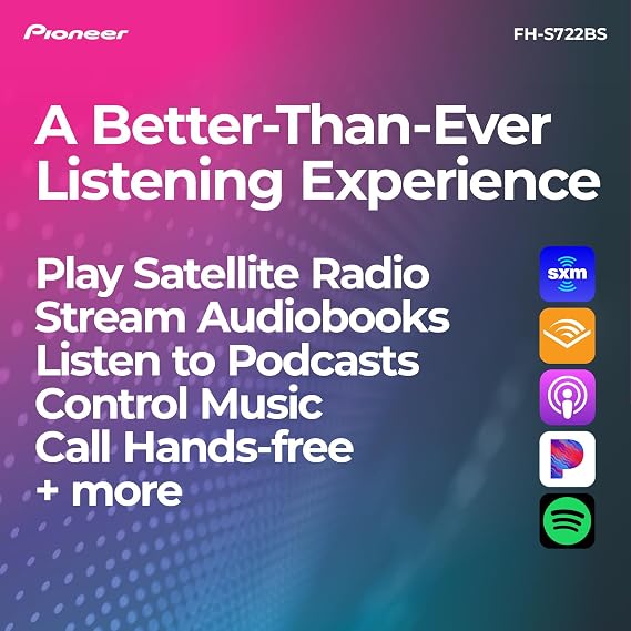 جهاز استقبال الأقراص المضغوطة Pioneer FH-S722BS Double Din Bluetooth، SiriusXM، USB/AUX، تغيير اللون، FLAC، راديو AM/FM، معادل صوت 13 نطاقًا، 50 وات x 4، التحكم الصوتي، مقدمات RCA عالية الجهد