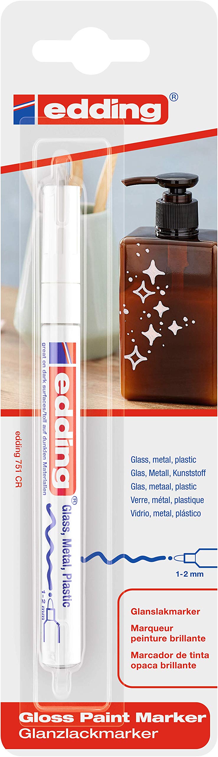 edding 751 Glanzlackmarker - weiß - Packung mit 1 Lackmarker - Rundspitze 1-2 mm - Lackstift für Glas, Stein, Holz, Kunststoff und Papier - wasserfest, stark deckend