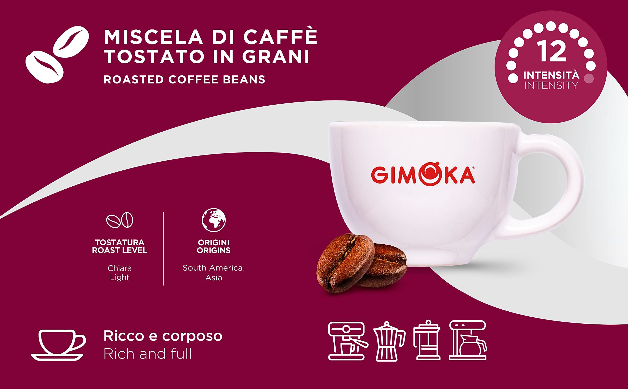 Gimoka Gran Bar, granos de café expreso italiano, tostado ligero, 6 x 1 kg