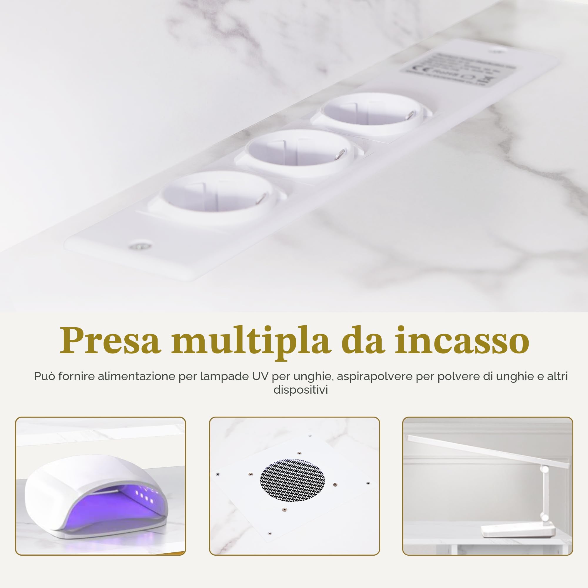 Tavolo Manicure con Aspirazione 3 Prese Marmo Bianco Oro 50x110x82 cm