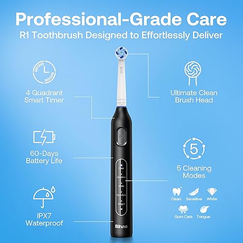 Miniatura 4 de Bitvae R1 Cepillo de dientes eléctrico giratorio con 8 cabezales de cepillo para adultos y niños, batería de 60 días, 5 modos de cepillo de dientes