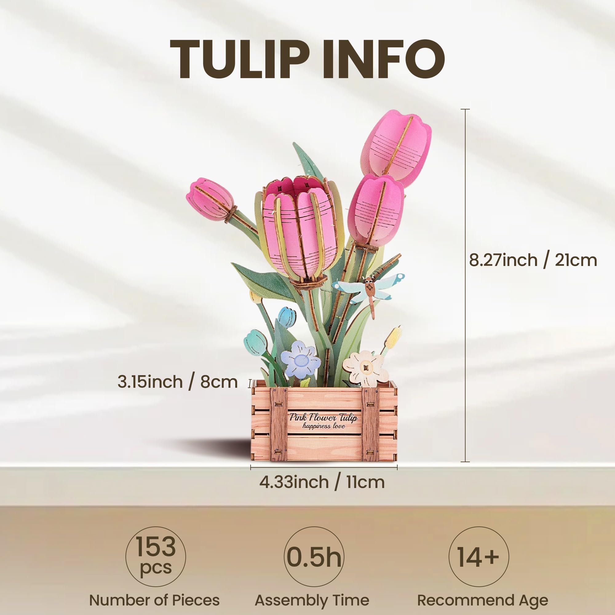 Set di Puzzle 3D, Fiore Fai-da-Te in Legno, Set di Modelli per Fiori Artificiali da Assemblare per Adulti, Miglior Set di Decorazioni per la Casa e Giocattolo Regalo di San Valentino (Tulip)