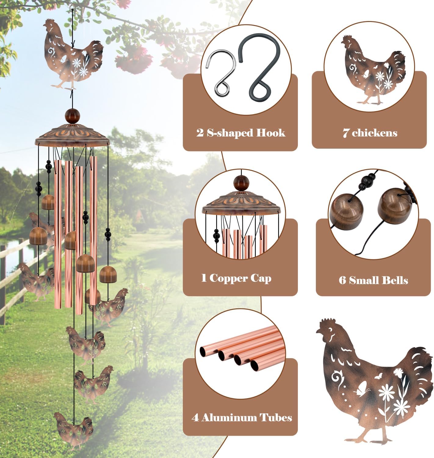 for Women Chicken Wind Chimes for Outside, 35'' Metal Chicken WindChimes Gifts for Women/Men, Decoration for Outdoor, Home, Garden, Patio, Backyard - Image 3