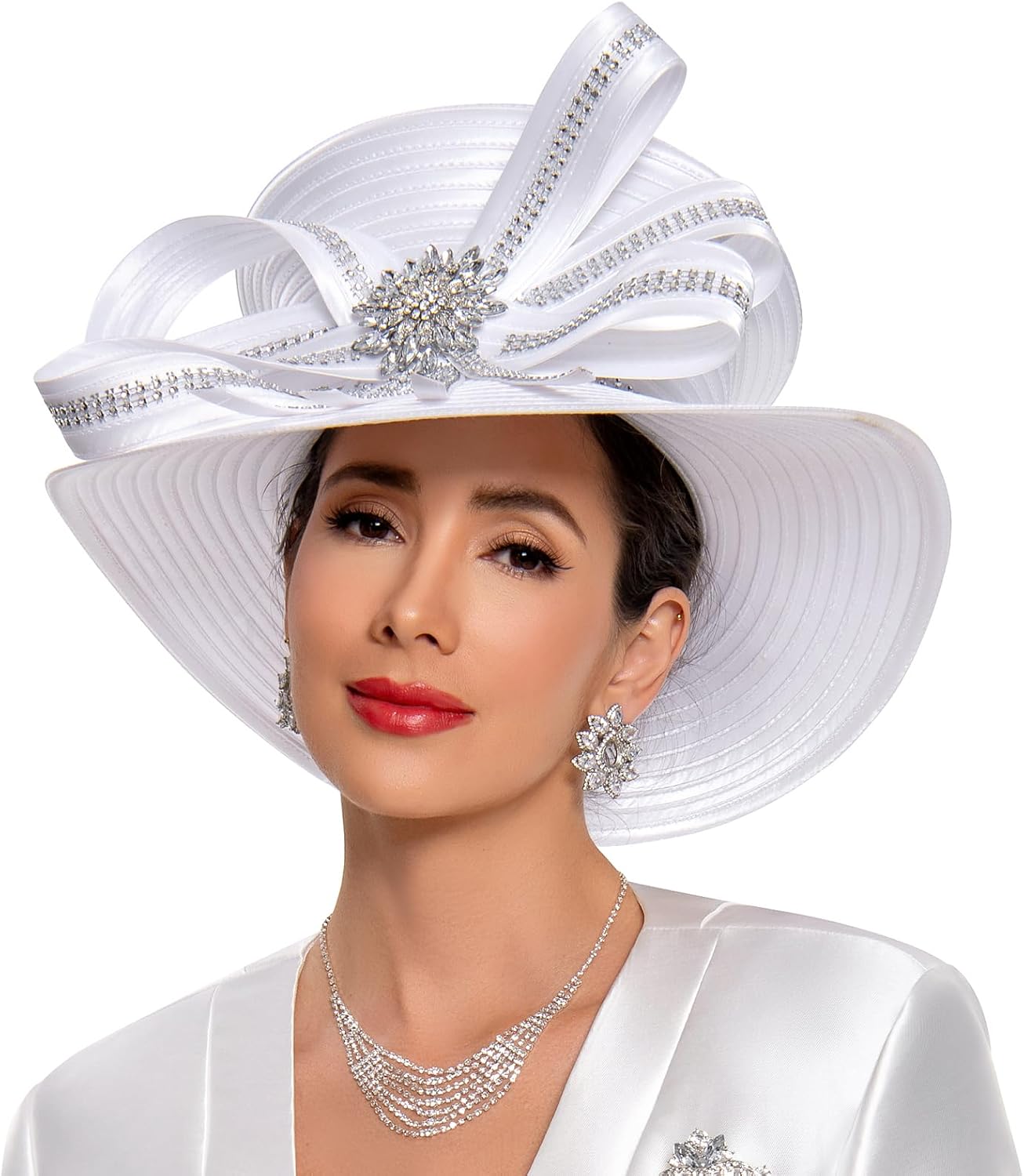 Women's Church Hat for Baptism Wedding Wide Brim Rhinestone Fascinator Sunday Chapel Tea Party Hat