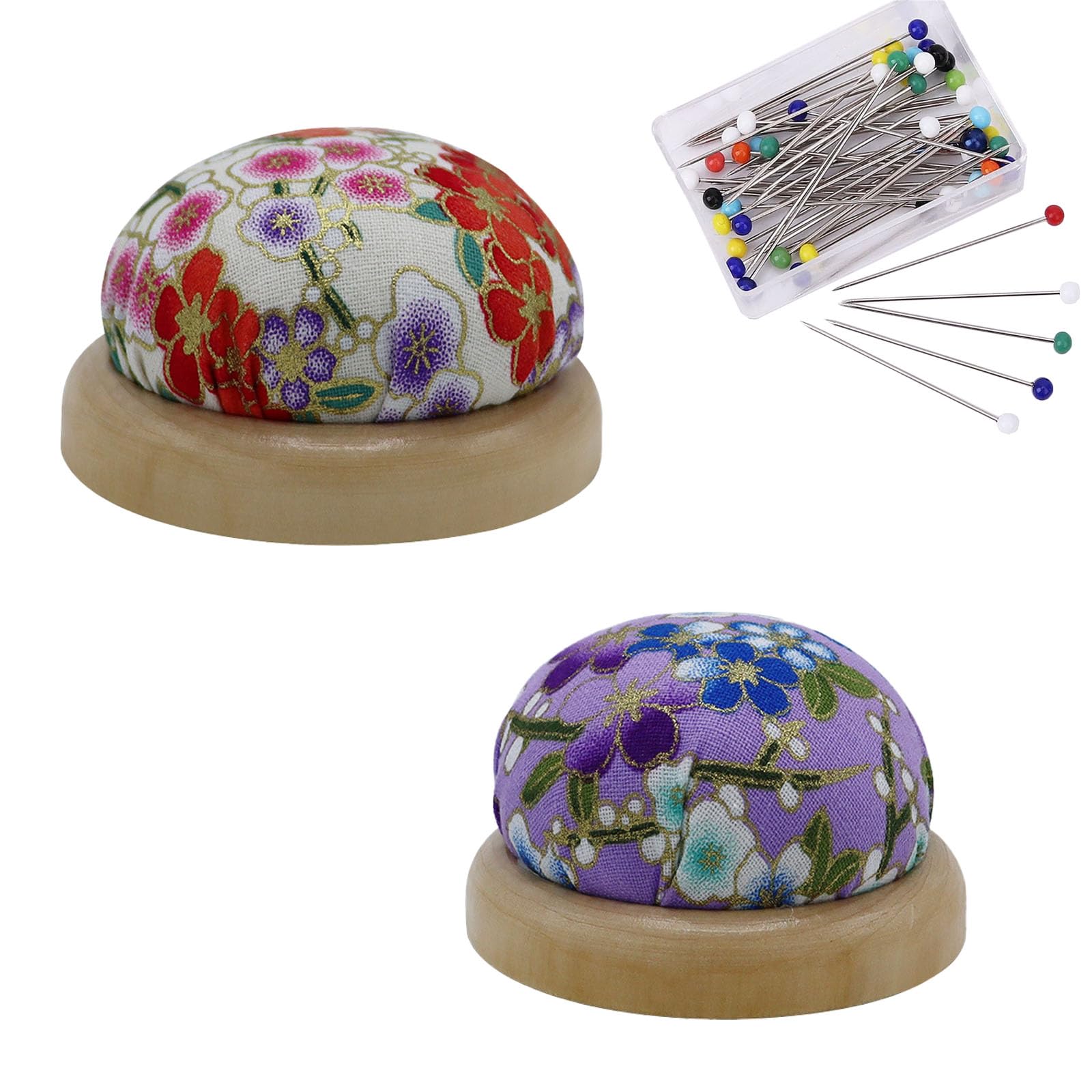 2 Pack Floral Pin Cushions for Sewing with Wooden Base – Includes 40+ Colorful Pearl Pins Decorative, Portable Needle Holder for Quilting, Embroidery & Craft (White & Purple)