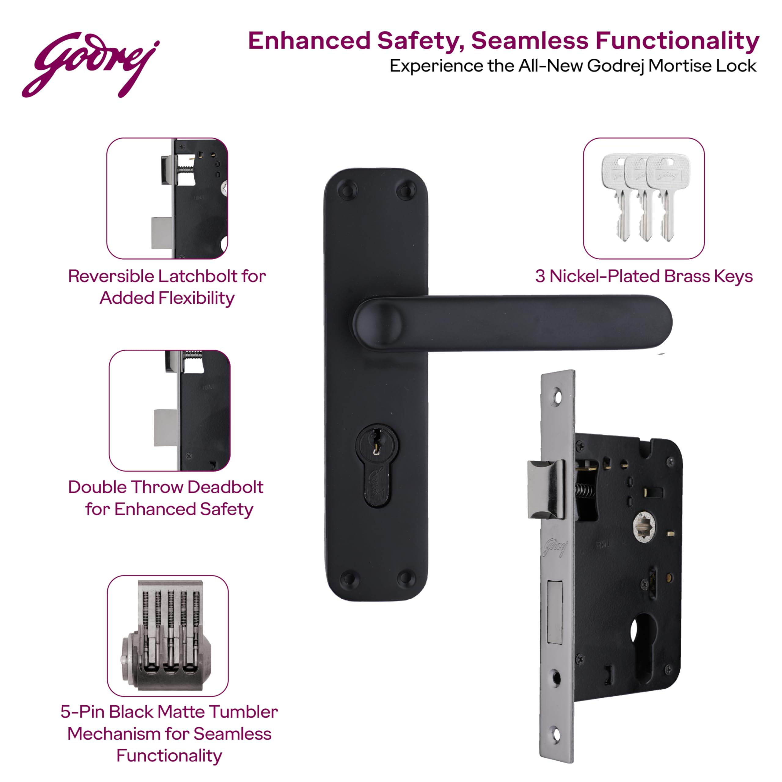 Godrej Mortise Lock | BM 09 Handle Lock Set | 200 mm Lockbody | Europrofile Cylinder 60mm Knob from Inside | for Home & Office | Matte Black Finish | 3Keys | Double-Throw Deadbolt | 1 Year Warranty — Amazon image 5