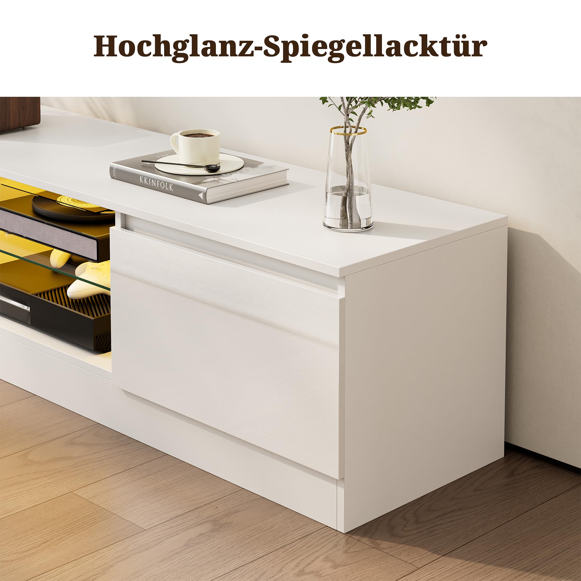 160 cm TV Schrank für Fernseher bis zu 70 Zoll, TV Board mit 16 Farben LED Beleuchtung und 2 Türen, Lowboard Stehend, Fernsehtisch für Schlafzimmer, Wohnzimmer, Esszimmer (Weiß)