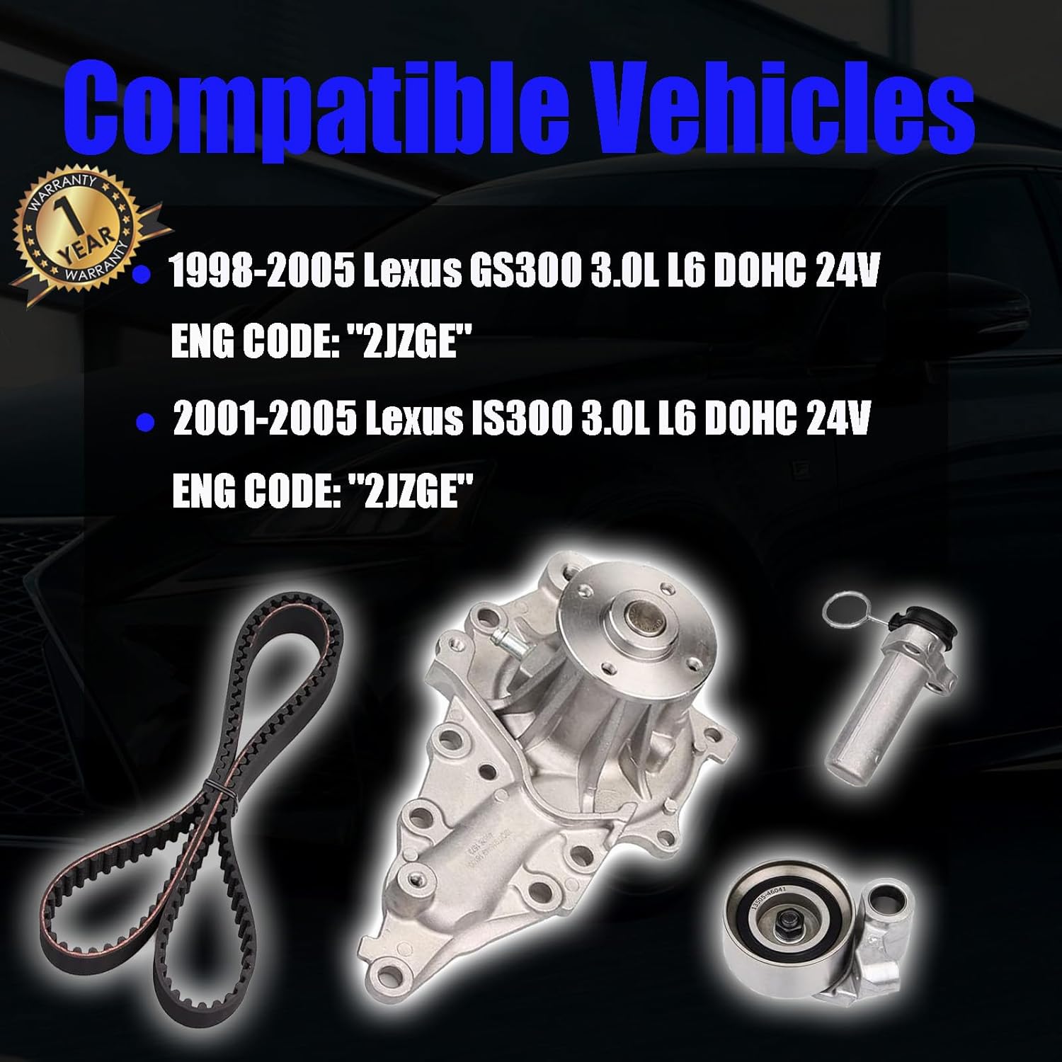 Engine Timing Belt Kit with Water Pump Compatible with Lexus IS300 2001-2005, GS300 1998-2005 - DOHC 3.0L [Replace OE: TCKWP215]