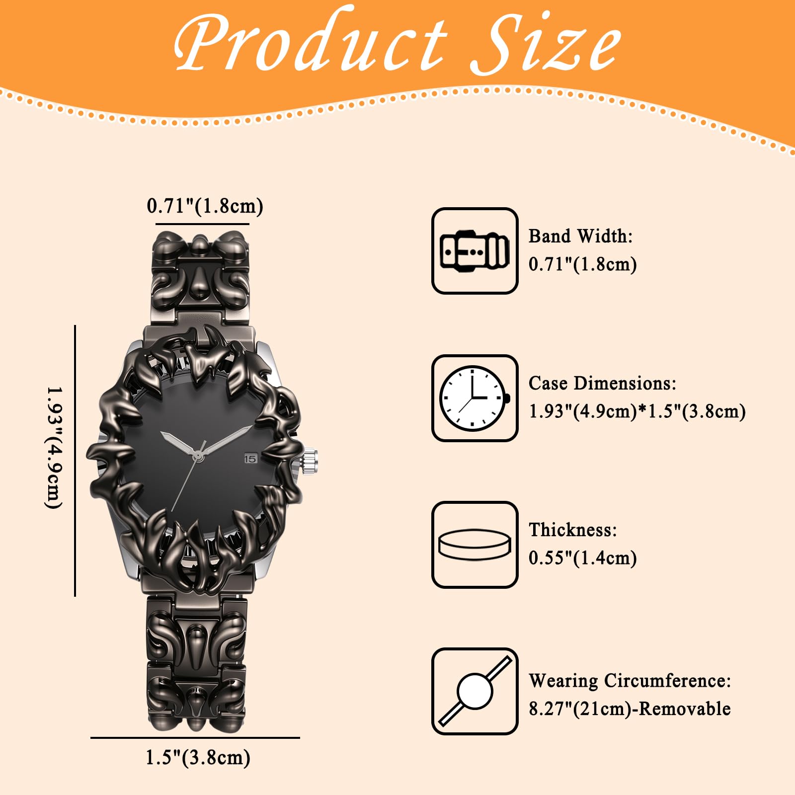 JewelryWe Orologio punk Y2K nero: orologio da polso analogico da uomo al quarzo in lega con lancette luminose, datario, cinturino rimovibile, quadrante scuro, senza segni, stile casual, gotico