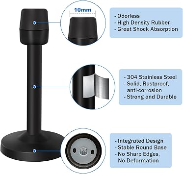 Door Stopper, Black Door Stop 4 Inch Wall Mounted Door Stopper for Skirtings Indoors Outdoors, Stainless Steel, Rubber Bumper Tips Wall Protector Stop Door Hitting Wall,100mm