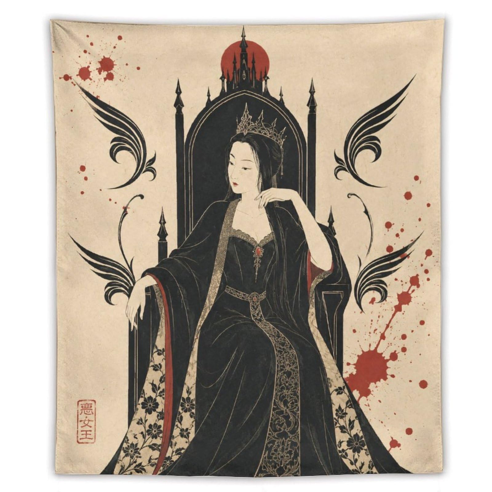 W7C8U2X3 Gothic Queen on Throne Wall Tapestry, Fantasy Illustration, Bed