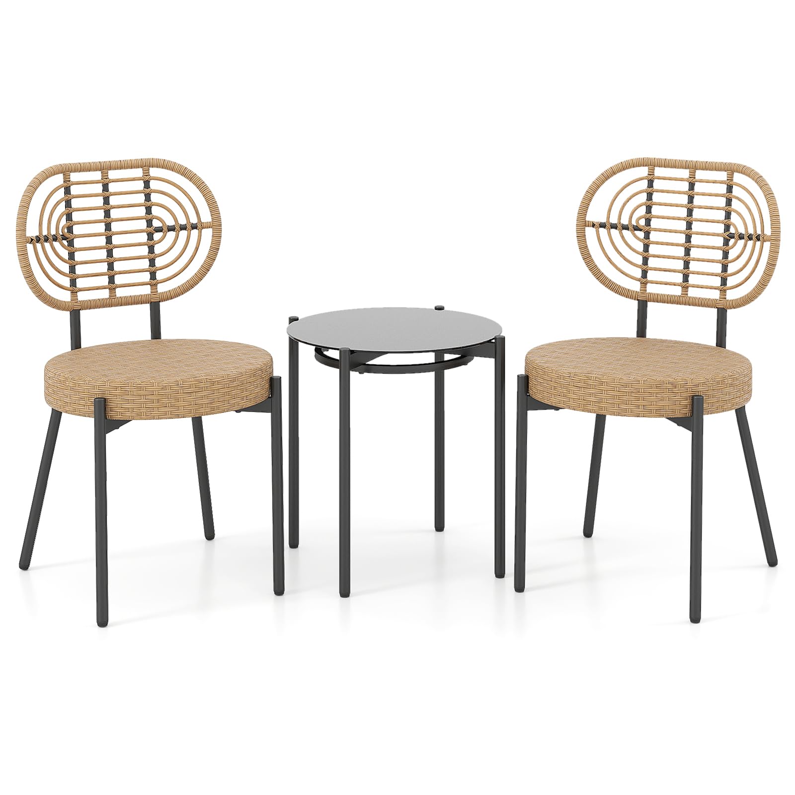 COSTWAY Set da Bistro da Esterno in 3 Pezzi con Vimini PE, Set Conversazione da Patio con Tavolino da Caffè in Vetro Temperato e Sedie in Rattan, Mobili per Esterni per Balcone, Terrazza e Giardino