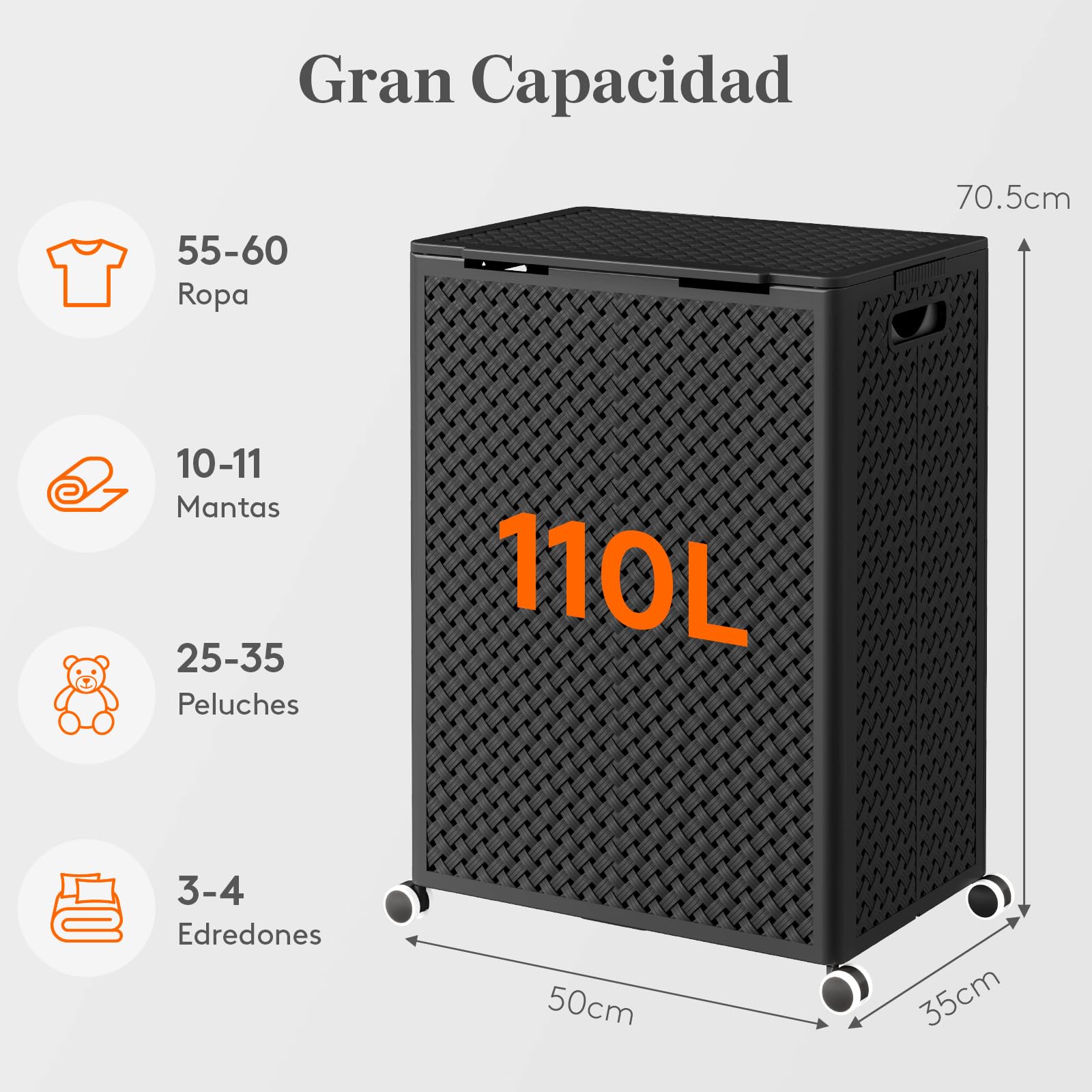 Lifewit Gran Cesto Ropa Sucia de Plástico 2 Compartimentos 110 L, Cesta Plegable con Ruedas y Bolsas Interiores Desmontables, Cubo de Ropa para Dormitorio, Baño, Lavandería, Negro