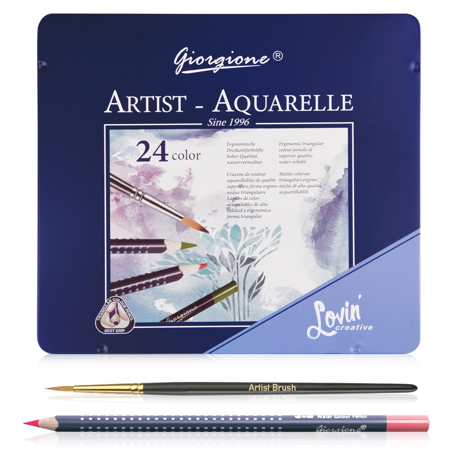 Surcotto Lápices de acuarela - 24 lápices de colores solubles en agua para niños y adultos, a base de agua, colores suaves, con caja de lata y pincel fino, 24 piezas, triangulares