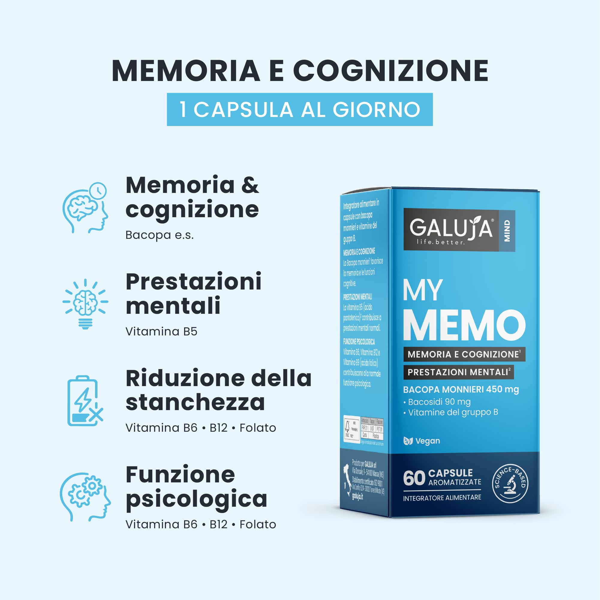 My Memo - Integratore Memoria e Cognizione - Bacopa Monnieri 450 mg (Bacosidi 90 mg) - 60 giorni (60 caps) - Vegan, senza glutine e lattosio, aroma pesca - Vitamine B5 B6 B12 Folato