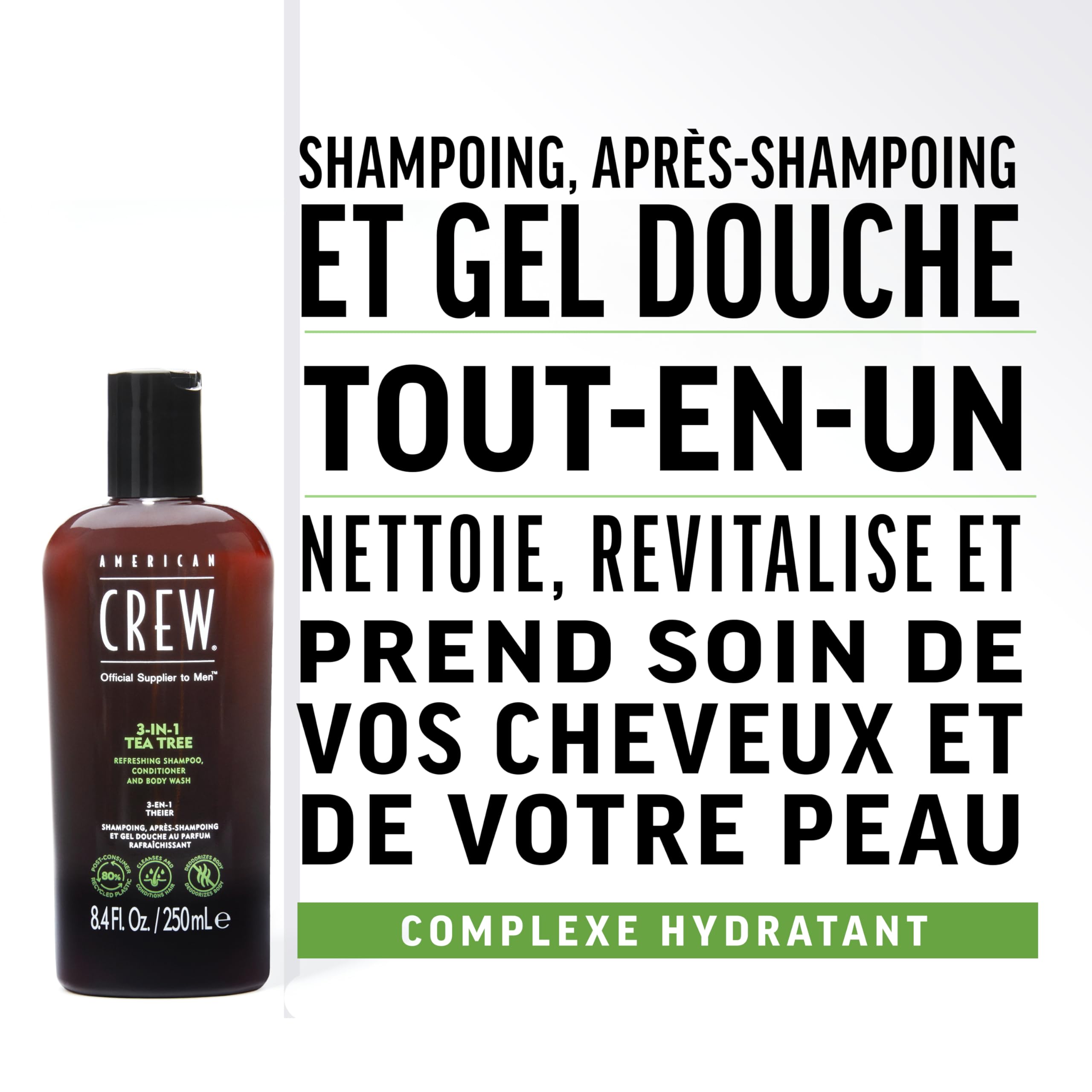 American Crew - Shampoing 3 En 1 - Shampooing, Après Shampoing & Gel Douche pour Cheveux et Corps - Soin Cheveux Revitalisant, Hydratant et Apaisant - Parfum Tea Tree - 100ml
