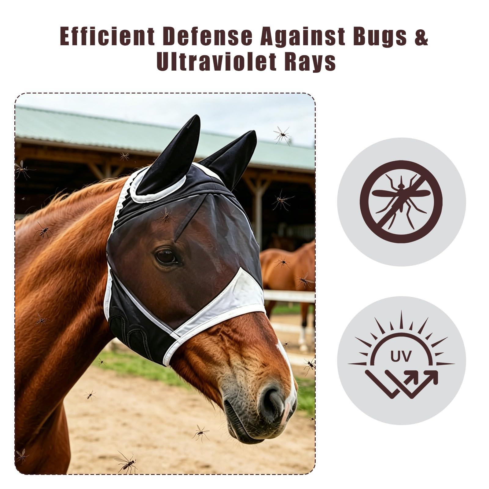 Masque Anti-Mouches Noir pour Chevaux Protection UV Respirant (L)