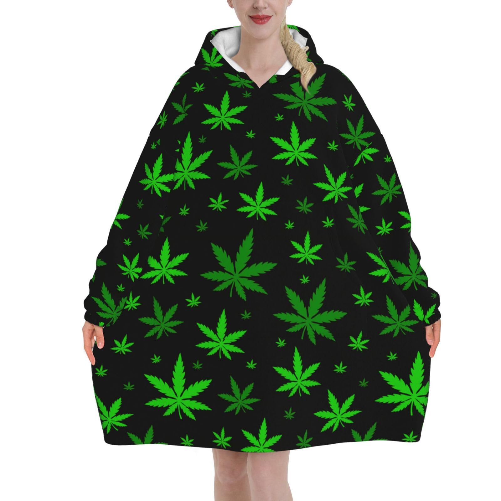 Peiyeety Unisex Green Weed Leafs Blanket Hoodies For Women And Men Adult Oversize Wearable Blanket Hoodies For Soft And Warm