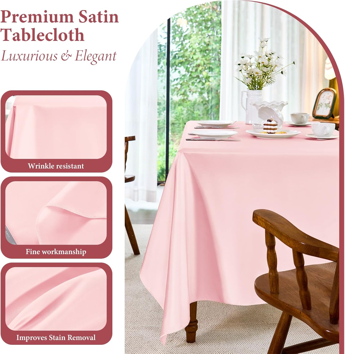 MICORAL 4 Pack Satin Tablecloth 58x102 Inches Rectangle - Soft Wrinkle Resistant Fabric for Wedding, Banquet, Party Decoration - Easy Care Machine Washable, Pink