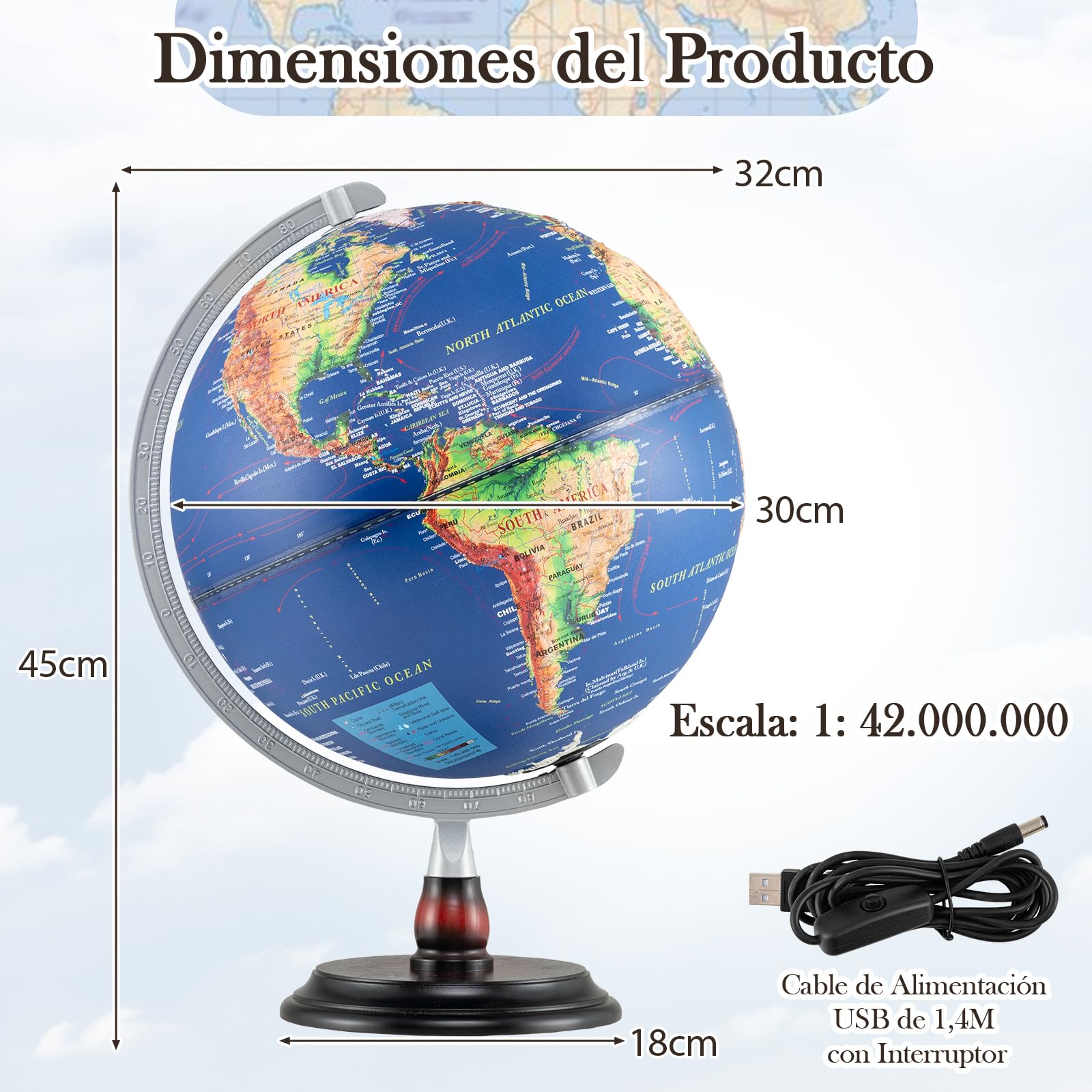 GIANTEX Globo Terráqueo Iluminado 30 cm, Mapa en Inglés, Bola del Mundo Giratoria con Base de Madera, Decoración Educativa, Globo Terrestre para Niños y Adolescentes