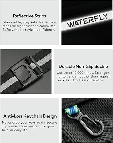 Miniatura 9 de WATERFLY Cangurera para cinturón para correr bolsa de cintura delgada y transpirable de 4 bolsillos para hombres y mujeres, soporte para teléfono de