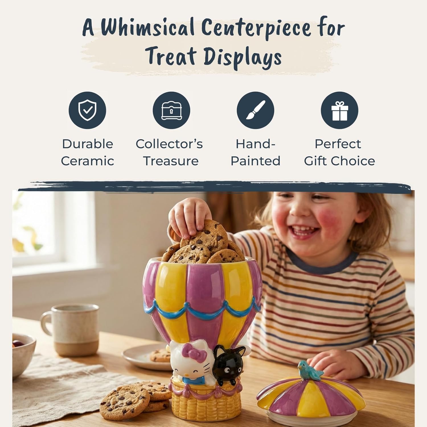 Blue Sky Clayworks Hello Kitty & Chococat Hot Air Balloon Cookie Jar, Ceramic, 7" L x 7" W x 11" H, Sky-High Treat Keeper