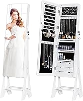 MASMIRE Full Length Mirror Jewelry Armoire - Lockable Standing Cabinet with LED Lights, 6 Drawers, Adjustable Tilt, White