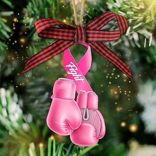 Talataca Adorno hecho a mano para automóvil de ganchillo con cáncer de mama, guantes de boxeo de cinta rosa, accesorios de espejo retrovisor tejido,