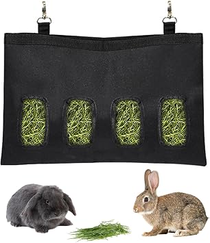 Rabbit Hay Feeder - Large Capacity Oxford Cloth Hanging Hay Bag - 4 Holes - 1 Pcs Black