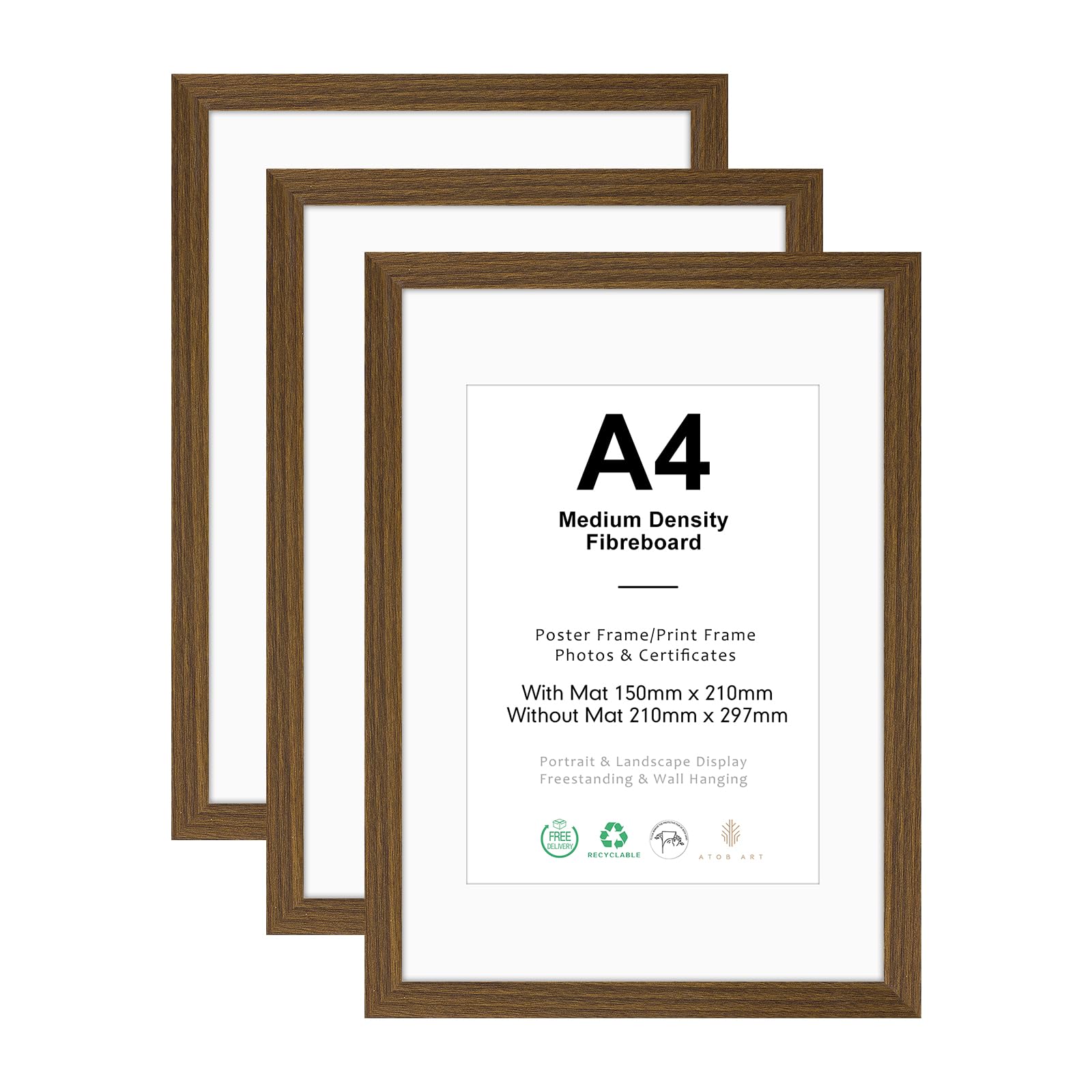 ATOBART Braun Bilderrahmen 10x15 cm, 3er Set | MDF Holz, Acrylglas, Tischdisplay & Aufhängen