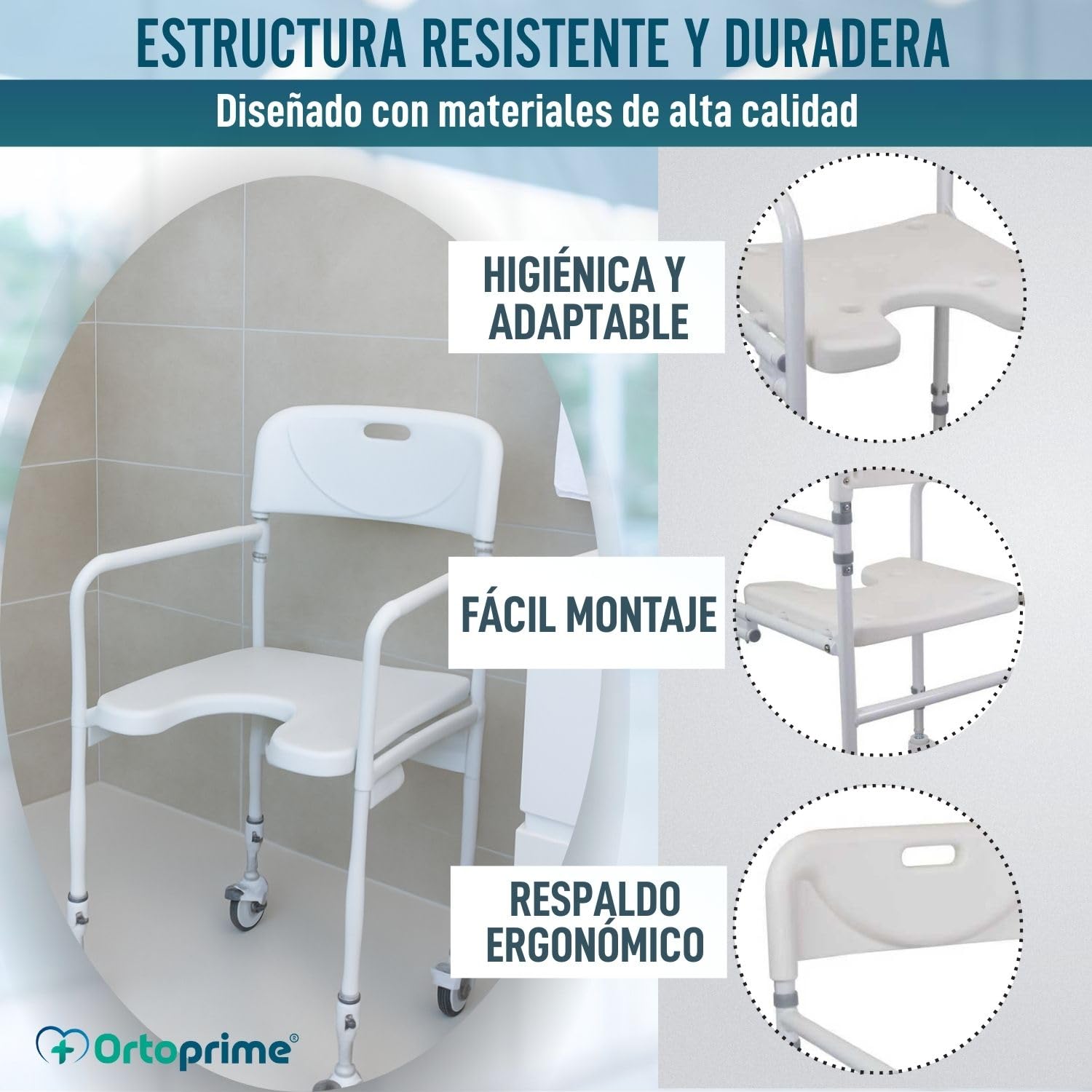 OrtoPrime Silla Ducha Personas Mayores Forma U con Ruedas Silla Baño Adultos Plegable - Silla Ducha Mayores Ortopédica - Silla de Baño Taburete Ducha para Mayores con Respaldo Altura Regulable